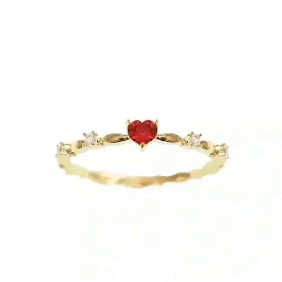 New Beautiful 14k Gold Plated Dainty Ruby Heart With White Sapphires Ring - Picture 3 of 3